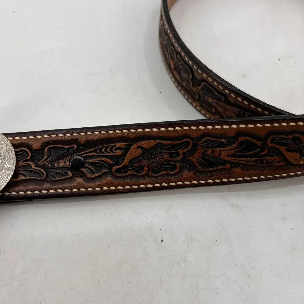 Vintage Western Belt Mens 30 Brown Floral Embossed Cowhide Bull Rider Cowboy